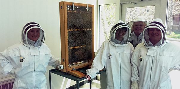 UNC members installing the beehive in Ross Hall